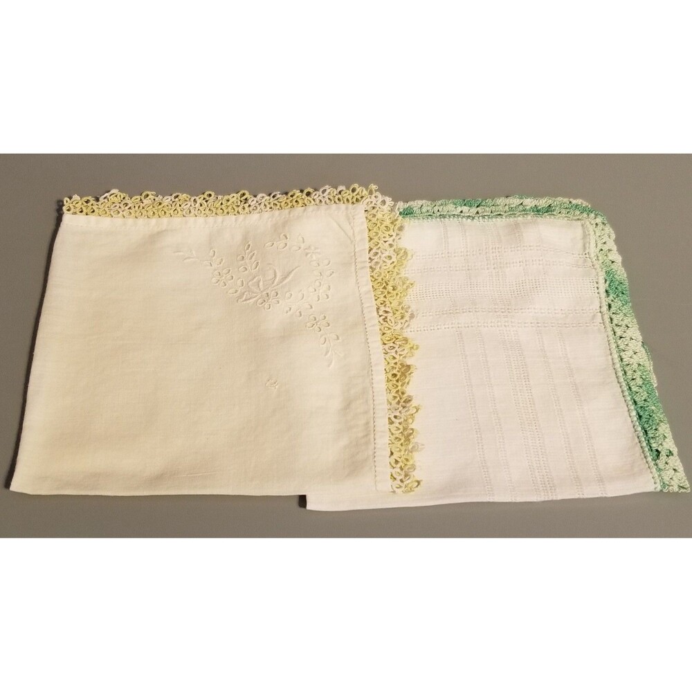Vintage Embroidered Linen Handkerchiefs with Crochet Trim - Set of 2